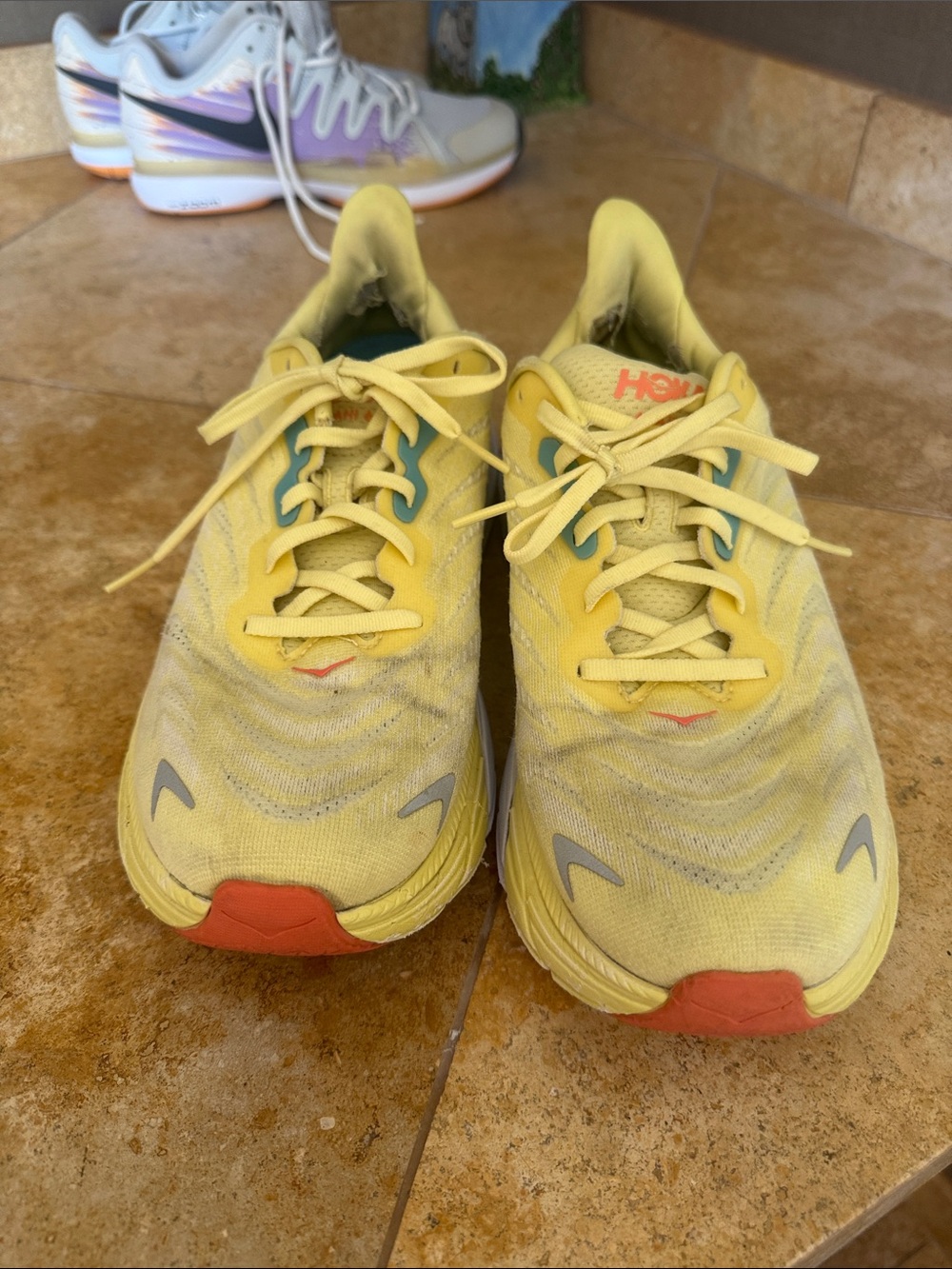 Hoka Kids Yellow Sneakers with Teal Eyelets and Coral Toe Accents